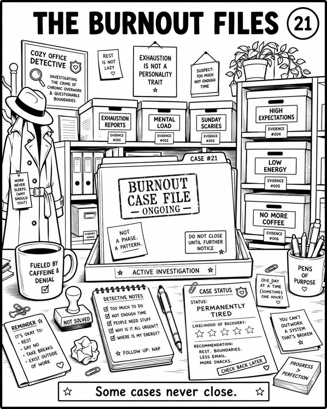 Cozy Office Panic Malseite – Bürohumor Illustration