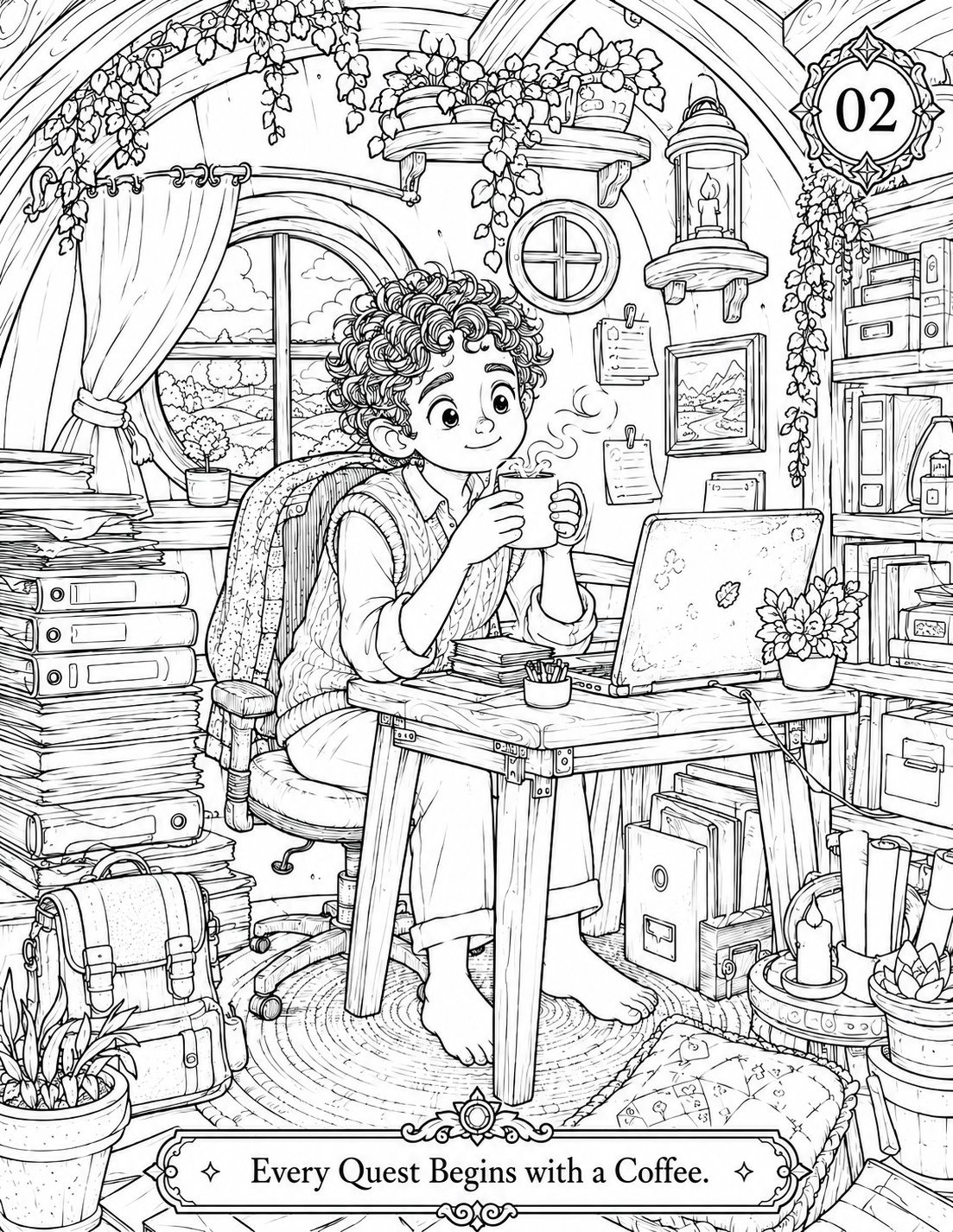 Cozy Office Panic Malseite – Anti-Stress Ausmalbild